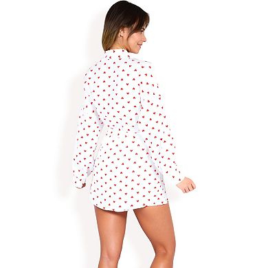 Women's Heart Print Lounge Set with Open Front Shirt, Tie Waist Shorts, and Matching Belt
