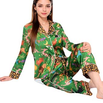 Women's Satin Zodiac Print Pajama Set with Button-Up Top and Relaxed Fit Pants