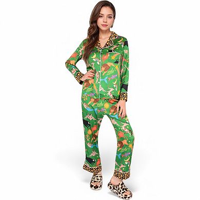 Women's Satin Zodiac Print Pajama Set with Button-Up Top and Relaxed Fit Pants