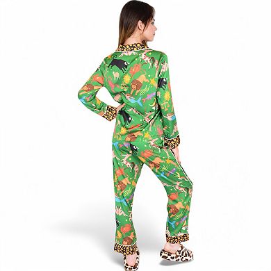 Women's Satin Zodiac Print Pajama Set with Button-Up Top and Relaxed Fit Pants