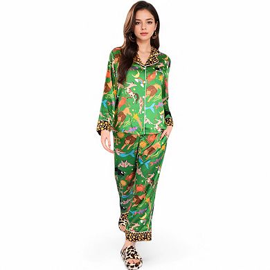 Women's Satin Zodiac Print Pajama Set with Button-Up Top and Relaxed Fit Pants