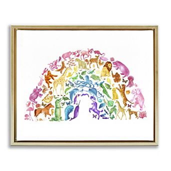 Stupell Home Decor Arched Rainbow Mixed Animals Framed Canvas Wall Art
