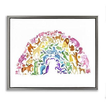 Stupell Home Decor Arched Rainbow Mixed Animals Framed Canvas Wall Art