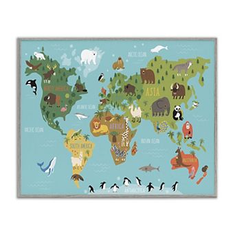 Stupell Home Decor Country Animals World Map Wildlife Framed Wall Art