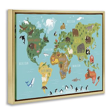 Stupell Home Decor Country Animals World Map Wildlife Framed Canvas Wall Art