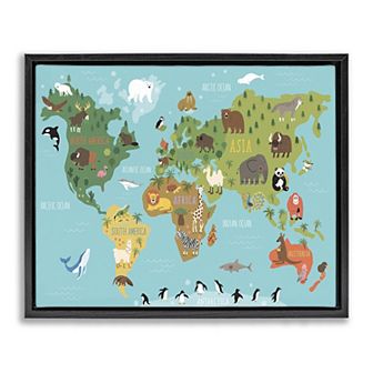 Stupell Home Decor Country Animals World Map Wildlife Framed Canvas Wall Art