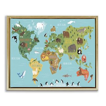 Stupell Home Decor Country Animals World Map Wildlife Framed Canvas Wall Art