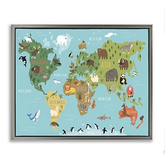 Stupell Home Decor Country Animals World Map Wildlife Framed Canvas Wall Art