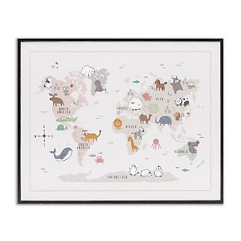 Stupell Home Decor Native Wildlife Animals World Map Framed Wall Art