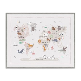 Stupell Home Decor Native Wildlife Animals World Map Framed Wall Art
