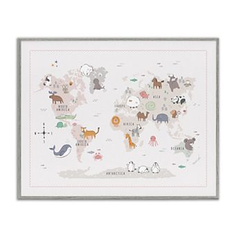 Stupell Home Decor Native Wildlife Animals World Map Framed Wall Art