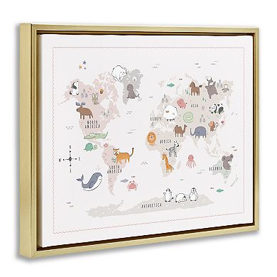 Stupell Home Decor Native Wildlife Animals World Map Framed Canvas Wall Art