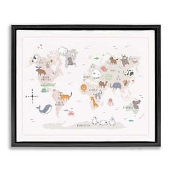 Stupell Home Decor Native Wildlife Animals World Map Framed Canvas Wall Art