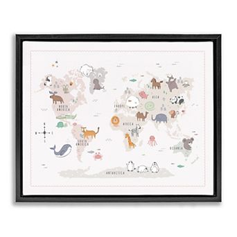Stupell Home Decor Native Wildlife Animals World Map Framed Canvas Wall Art