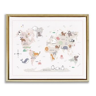 Stupell Home Decor Native Wildlife Animals World Map Framed Canvas Wall Art