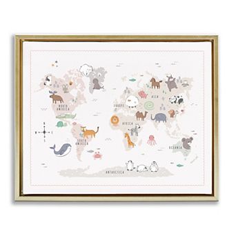 Stupell Home Decor Native Wildlife Animals World Map Framed Canvas Wall Art