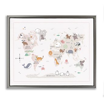 Stupell Home Decor Native Wildlife Animals World Map Framed Canvas Wall Art