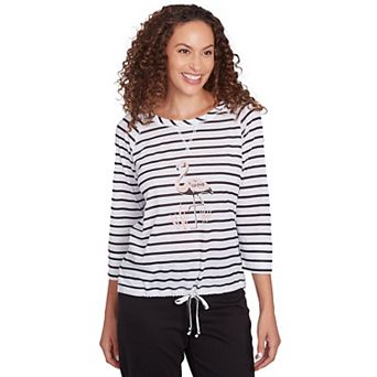 Hearts of Palm Women's In Black & White Drawstring Flamingo Print Top