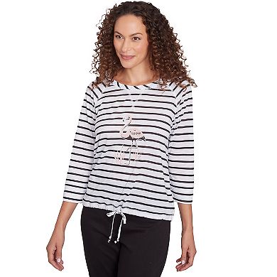 Hearts of Palm Women's In Black & White Drawstring Flamingo Print Top