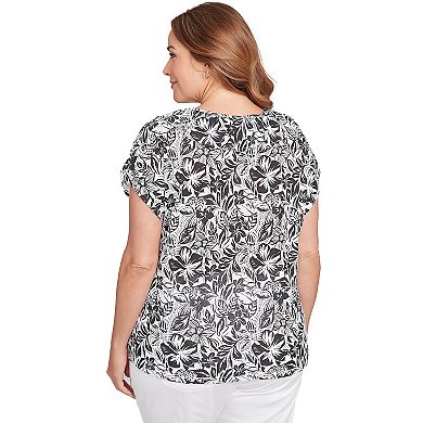 Hearts of Palm Plus Size In Black & White Floral Print Ruffle Top
