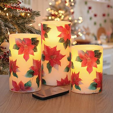 Fitz & Floyd Poinsettia LED Wax Pillar Candle Set