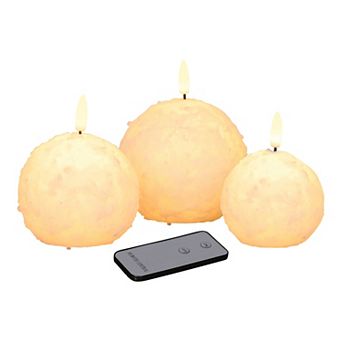 Fitz & Floyd Set of 3 LED Wax Pillar Candle Snowy Spheres with Remote Control