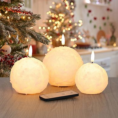 Fitz & Floyd Set of 3 LED Wax Pillar Candle Snowy Spheres with Remote Control