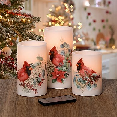 Fitz & Floyd Set of 3 Christmas Cardinal LED Wax Pillar Candles