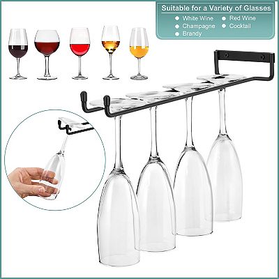 Sorbus 2 Pack 12 Inch Wall Mounted Wine Glass Racks for Under Cabinet - for Home Bar Holds Up to 4 Glasses Each - Black