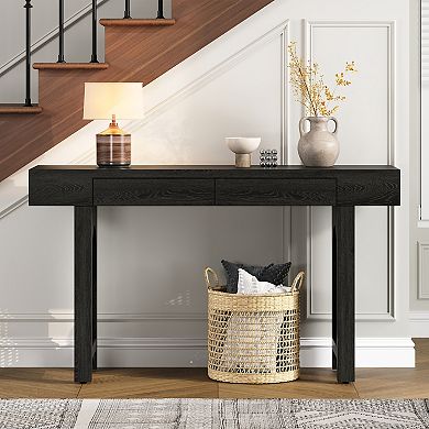 Merax Narrow Console Table with Rattan Accent, Natural Wood Finish Entryway Table