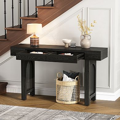 Merax Narrow Console Table with Rattan Accent, Natural Wood Finish Entryway Table