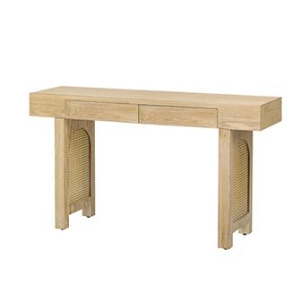 Merax Narrow Console Table with Rattan Accent, Natural Wood Finish Entryway Table