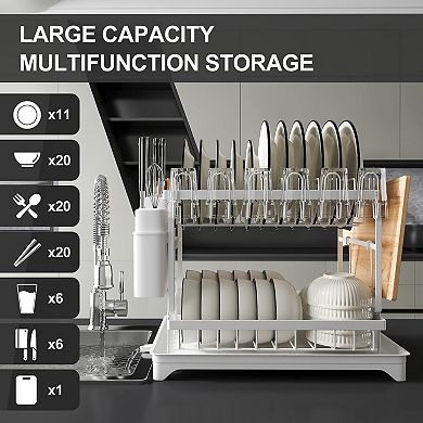 Kitchen Dish Rack, 2 Tier Anti-Rust Dish Drying Rack Set with Drainage Spout