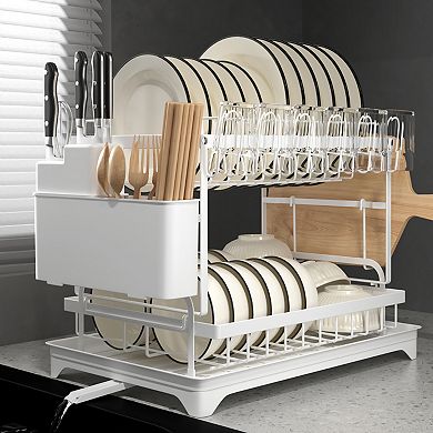 Kitchen Dish Rack, 2 Tier Anti-Rust Dish Drying Rack Set with Drainage Spout