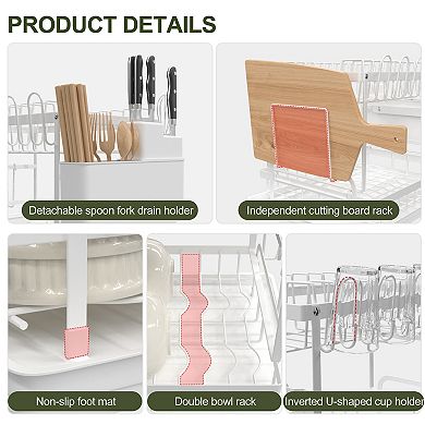 Kitchen Dish Rack, 2 Tier Anti-Rust Dish Drying Rack Set with Drainage Spout