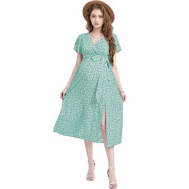 Women's Maternity Floral Summer Wrap Dress Flowy Bohemian Maxi V Neck Short Sleeve Belted A-Line