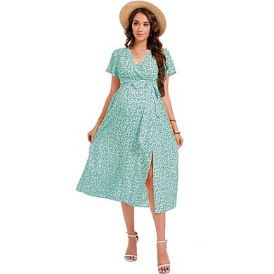 Women's Maternity Floral Summer Wrap Dress Flowy Bohemian Maxi V Neck Short Sleeve Belted A-Line
