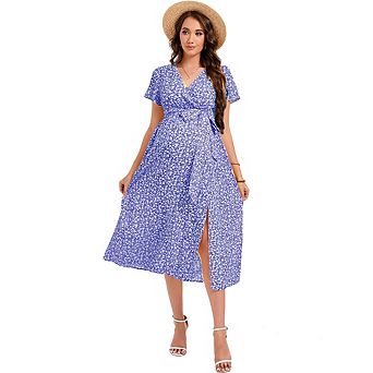 Women's Maternity Floral Summer Wrap Dress Flowy Bohemian Maxi V Neck Short Sleeve Belted A-Line
