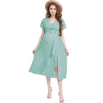 Women's Maternity Floral Summer Wrap Dress Flowy Bohemian Maxi V Neck Short Sleeve Belted A-Line