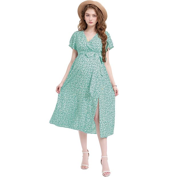 Women's Maternity Floral Summer Wrap Dress Flowy Bohemian Maxi V Neck Short  Sleeve Belted A-Line