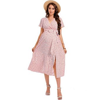 Women's Maternity Floral Summer Wrap Dress Flowy Bohemian Maxi V Neck Short Sleeve Belted A-Line
