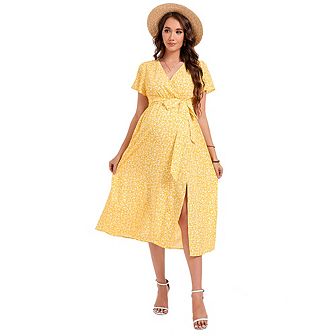 Women's Maternity Floral Summer Wrap Dress Flowy Bohemian Maxi V Neck Short Sleeve Belted A-Line
