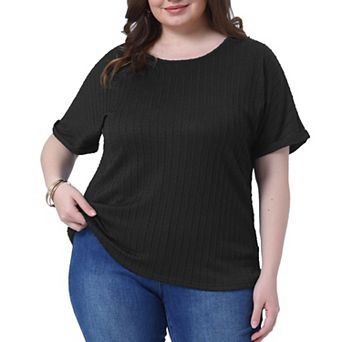 Women's Plus Size Textured Tops Rolled Short Sleeve Tee Crew Neck T Shirts Loose Casual Blouses