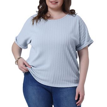 Women's Plus Size Textured Tops Rolled Short Sleeve Tee Crew Neck T Shirts Loose Casual Blouses