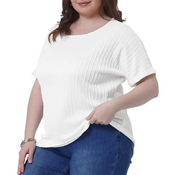 Women's Plus Size Textured Tops Rolled Short Sleeve Tee Crew Neck T Shirts Loose Casual Blouses