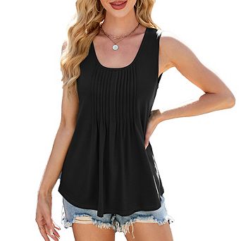 Womens Tank Tops Summer Casual Square Neck Front Pleated Shirts Sleeveless Peplum Waist Flowy Tunic