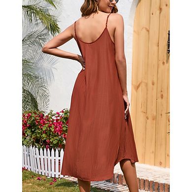 Women's Summer V Neck Sleeveless Midi Dresses Adjustable Spaghetti Strap Beach Dress with Lined