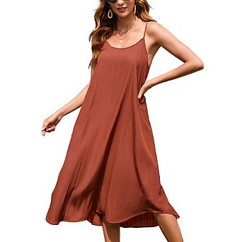 Women's Summer V Neck Sleeveless Midi Dresses Adjustable Spaghetti Strap Beach Dress with Lined