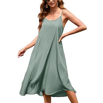 Women's Summer V Neck Sleeveless Midi Dresses Adjustable Spaghetti Strap Beach Dress with Lined
