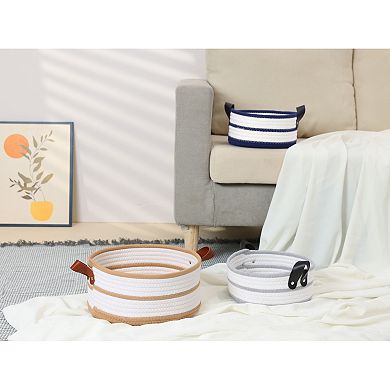 1 Pack Woven Storage Basket, Shelf Closet Storage Bin with Leather Handles for Desk, Home Decor